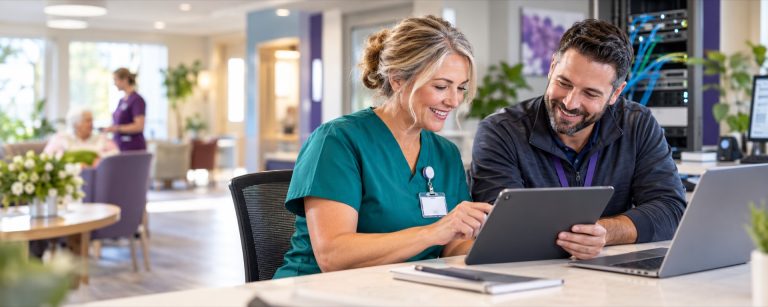 Healthcare leader and IT specialist reviewing technology in a senior living community